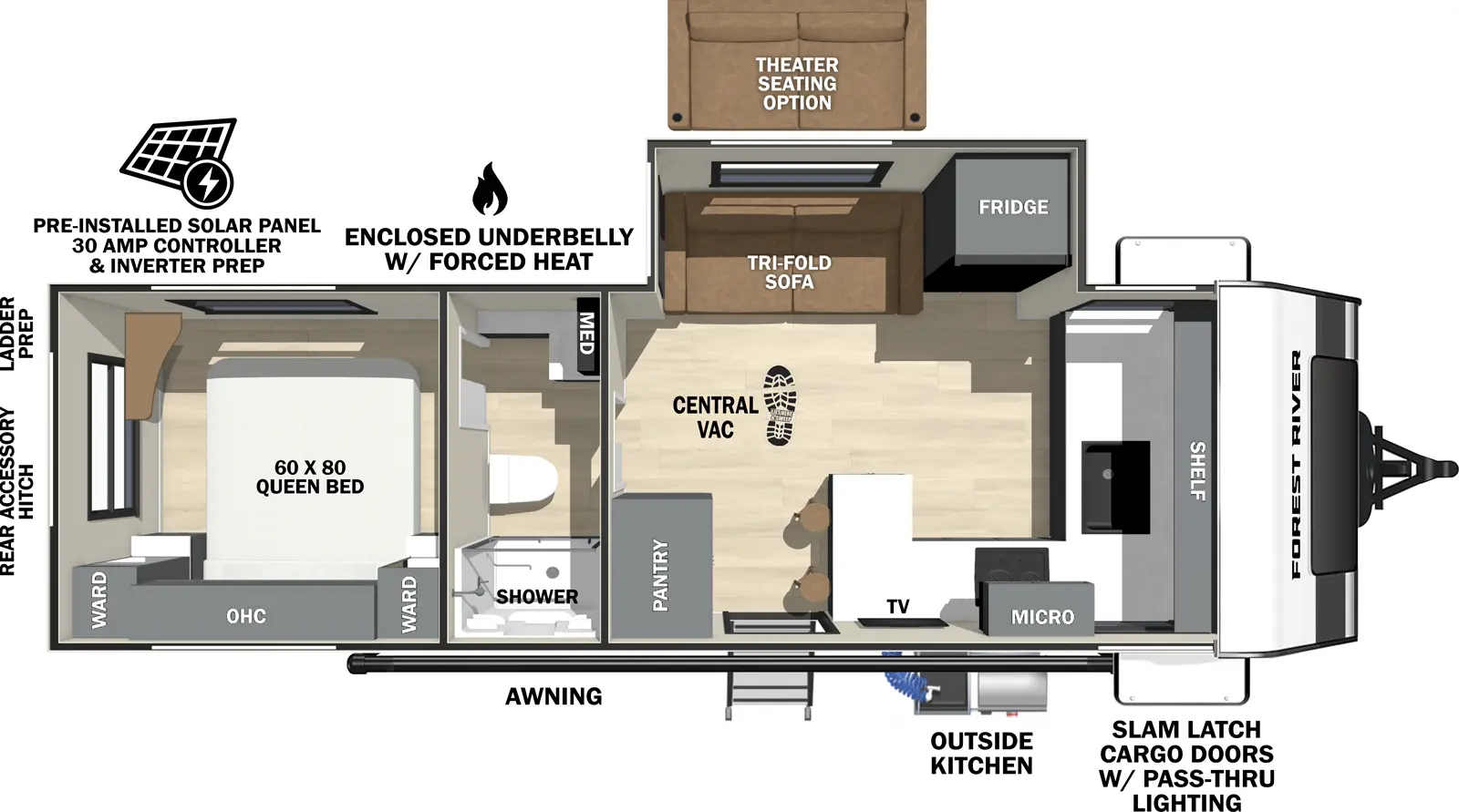 The Ibex 20FKDS floorplan has one entry and one slide out. Exterior features include: fiberglass exterior and 19' awning. Interiors features include: front kitchen, rear bedroom and pass through bathroom.